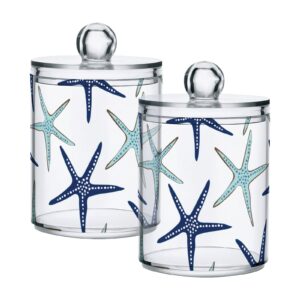 alaza bathroom canister set of 2, beach coastal starfish navy blue and turquoise plastic jars holder dispense qtip holder storage jars with lids,home decor