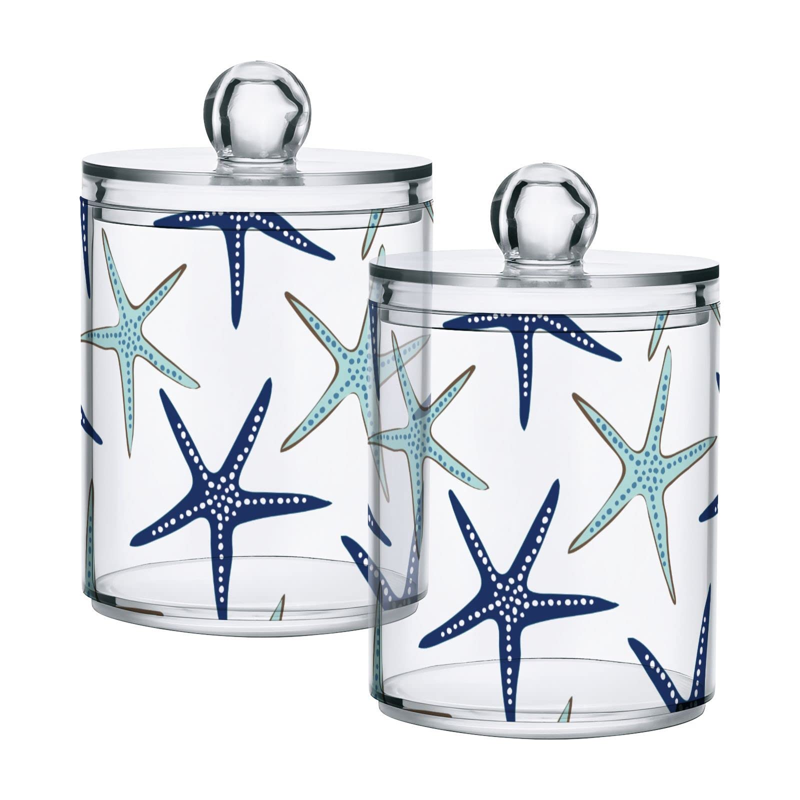 ALAZA Bathroom Canister Set of 2, Beach Coastal Starfish Navy Blue and Turquoise Plastic Jars Holder Dispense Qtip Holder Storage Jars with Lids,Home Decor