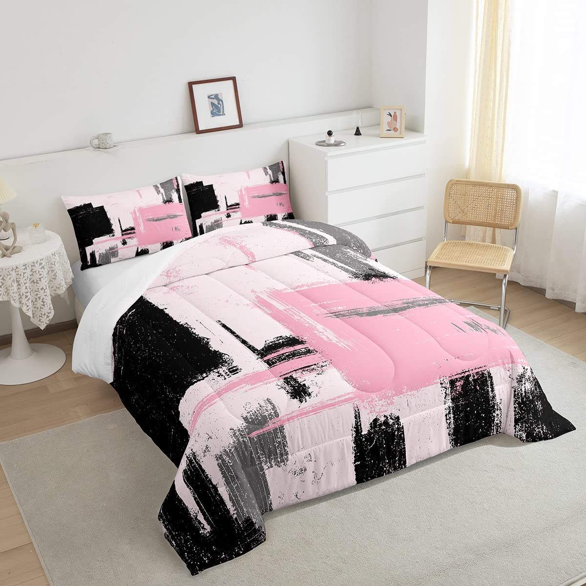 Feelyou Abstract Comforter Modern Abstract Art Comforter Set for Boys Girls Children Pink Black Pattern Bedding Set Room Decor Queen Size Duvet Set 3Pcs