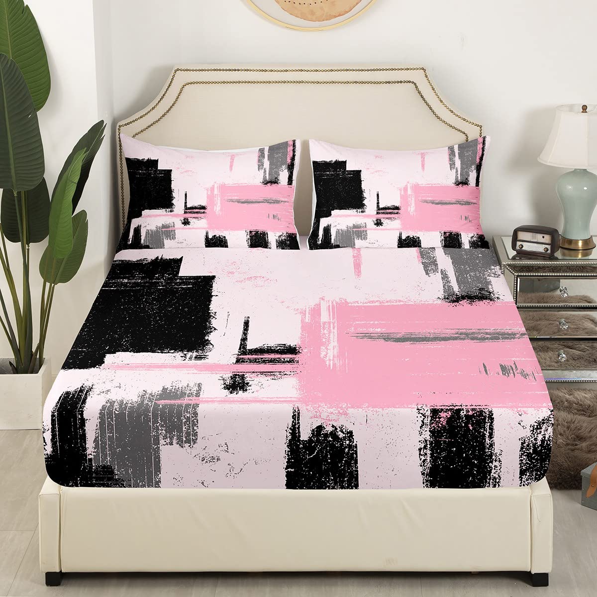 Abstract Bedding Set Modern Abstract Art Fitted Sheet for Boys Girls Children Pink Black Pattern Bed Sheet Set Room Decor Twin Size Bed Cover 2Pcs