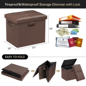 DocSafe Storage Ottoman with Lock,Fireproof Folding Ottoman Foot Rest Stool Storage Chest with Storage Safe for Important Documents,Waterproof 17 Inches Short Ottoman Foot Stool with Handles,Brown