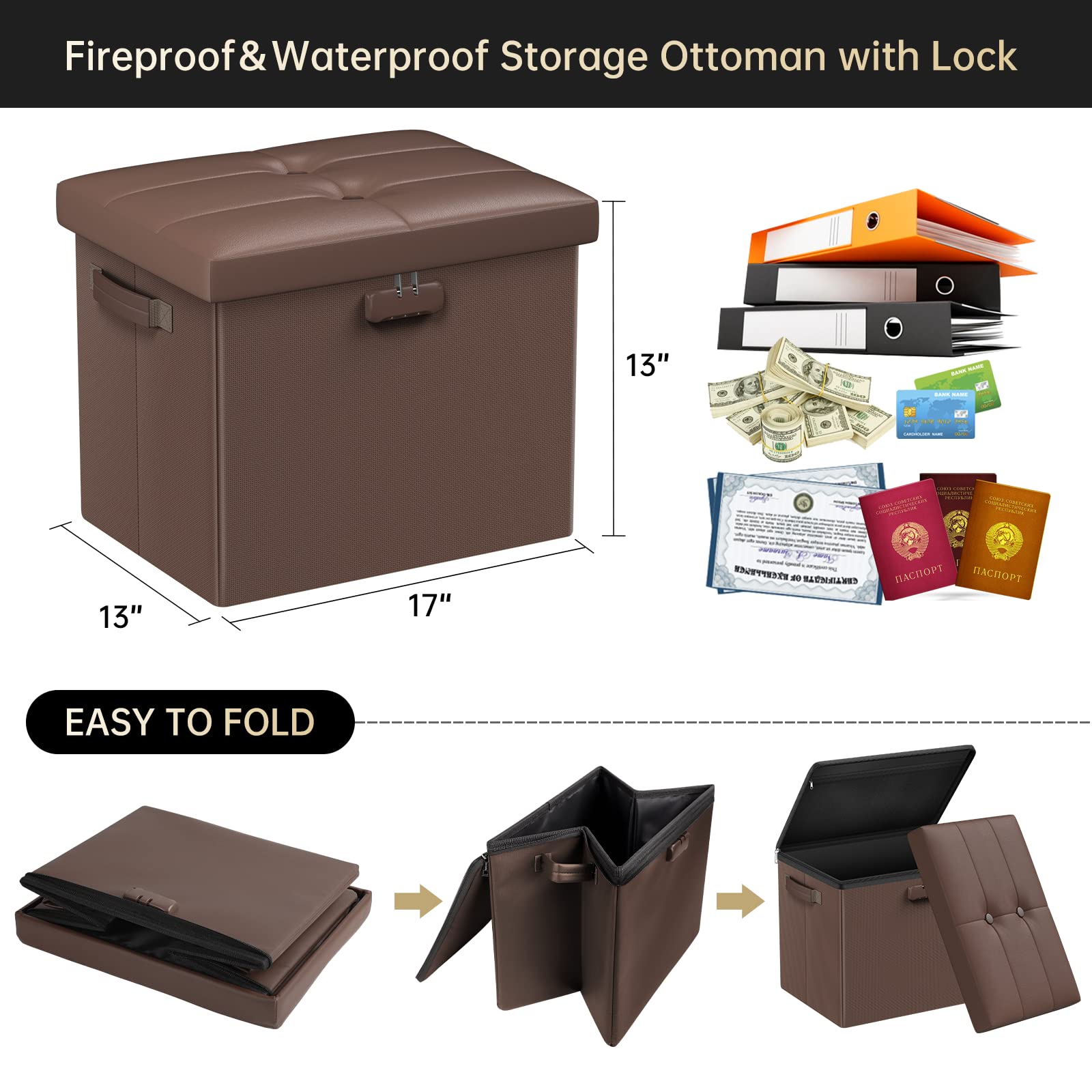 DocSafe Storage Ottoman with Lock,Fireproof Folding Ottoman Foot Rest Stool Storage Chest with Storage Safe for Important Documents,Waterproof 17 Inches Short Ottoman Foot Stool with Handles,Brown