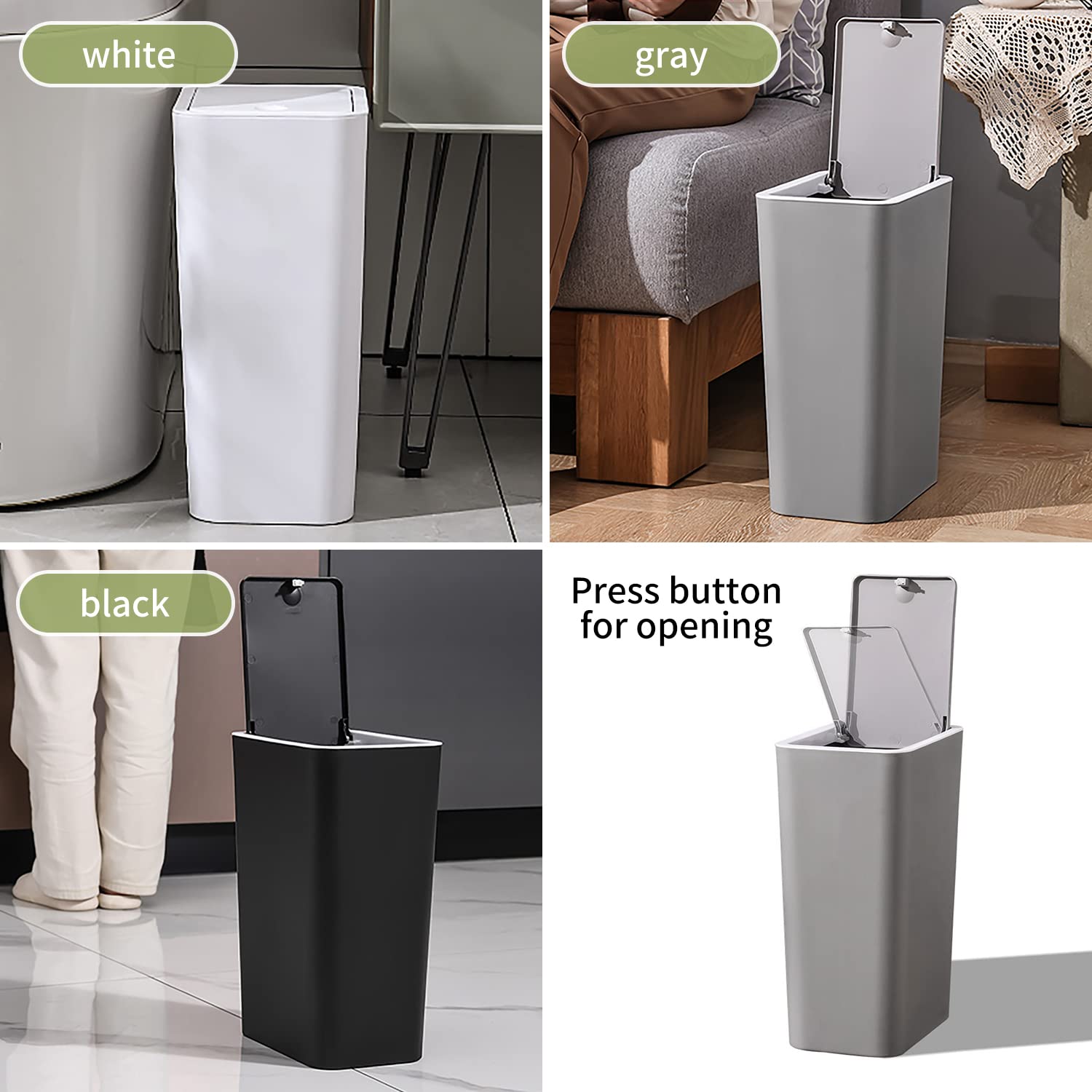 Trash Can, Plastic Garbage Can,3 Gallon Waste Basket for Bathroom, Bedroom, Modern Home Garbage Bin with Push Button, Commercial Trash Bin for Living Room, Office,Toilet, Outdoor (12L,White)