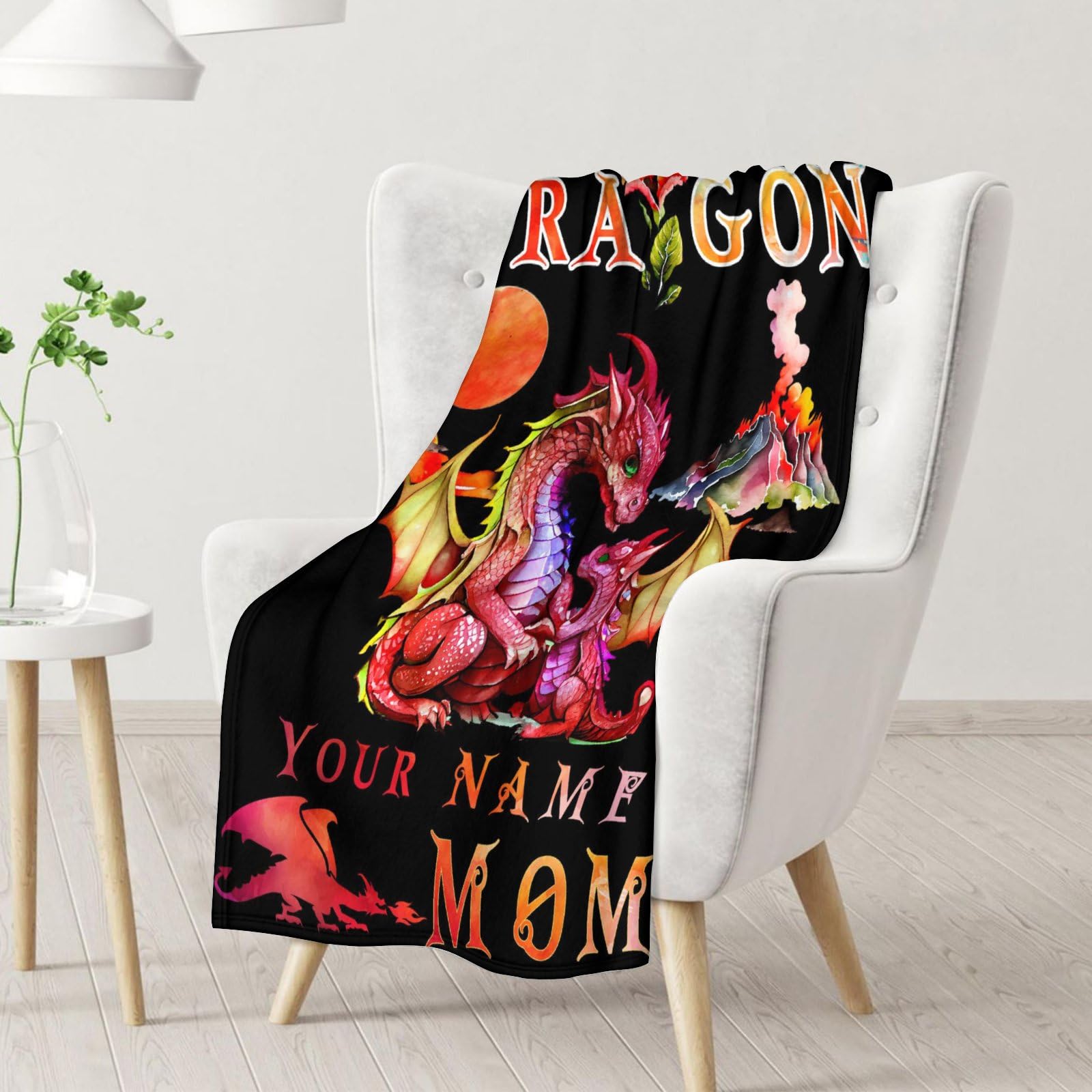 Personalized Dragon Throw Blanket with Name- Soft, Fuzzy & Warm- 60x80 Inches Lap Size Blanket for Couch, Office - Red Cute Throw Gift for Girls, Boys