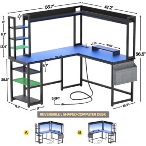 Aheaplus L Shaped Desk with Power Outlet, L Shaped Gaming Desk with Led Light & Hutch, Reversible Home Office Desk, Corner Computer Desk Writing Desk with Monitor Stand & Storage Shelves, Black