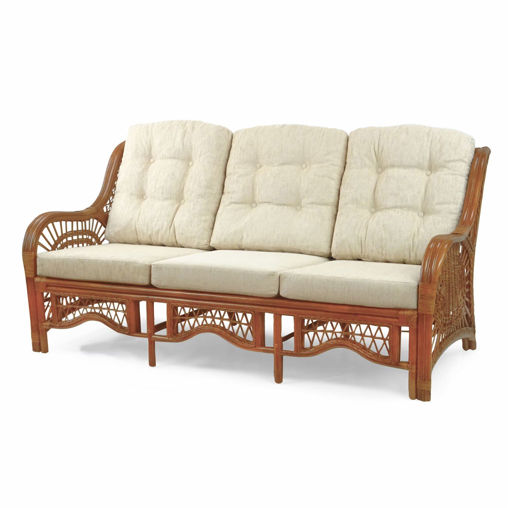 Malibu Lounge Three-Seater Sofa Natural Rattan Wicker Handmade Design with Cream Cushions, Colonial