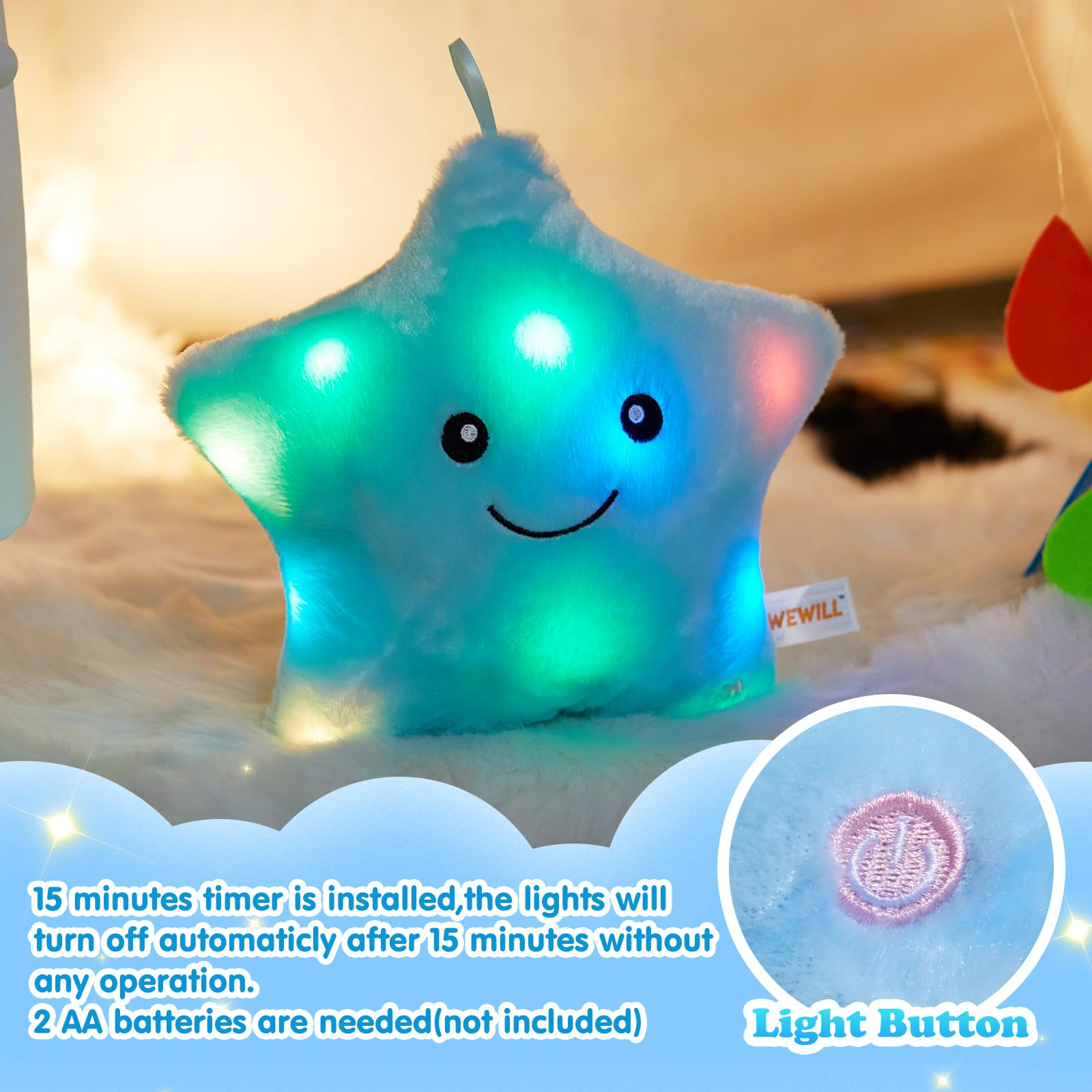 WEWILL 9'' LED Twinkle Star Soft Plush Pillow Toys Glowing Stuffed Star Light up Pillow Plush with Colorful Night Lights Birthday Valentines Day Gift for Toddler Kids(Blue)