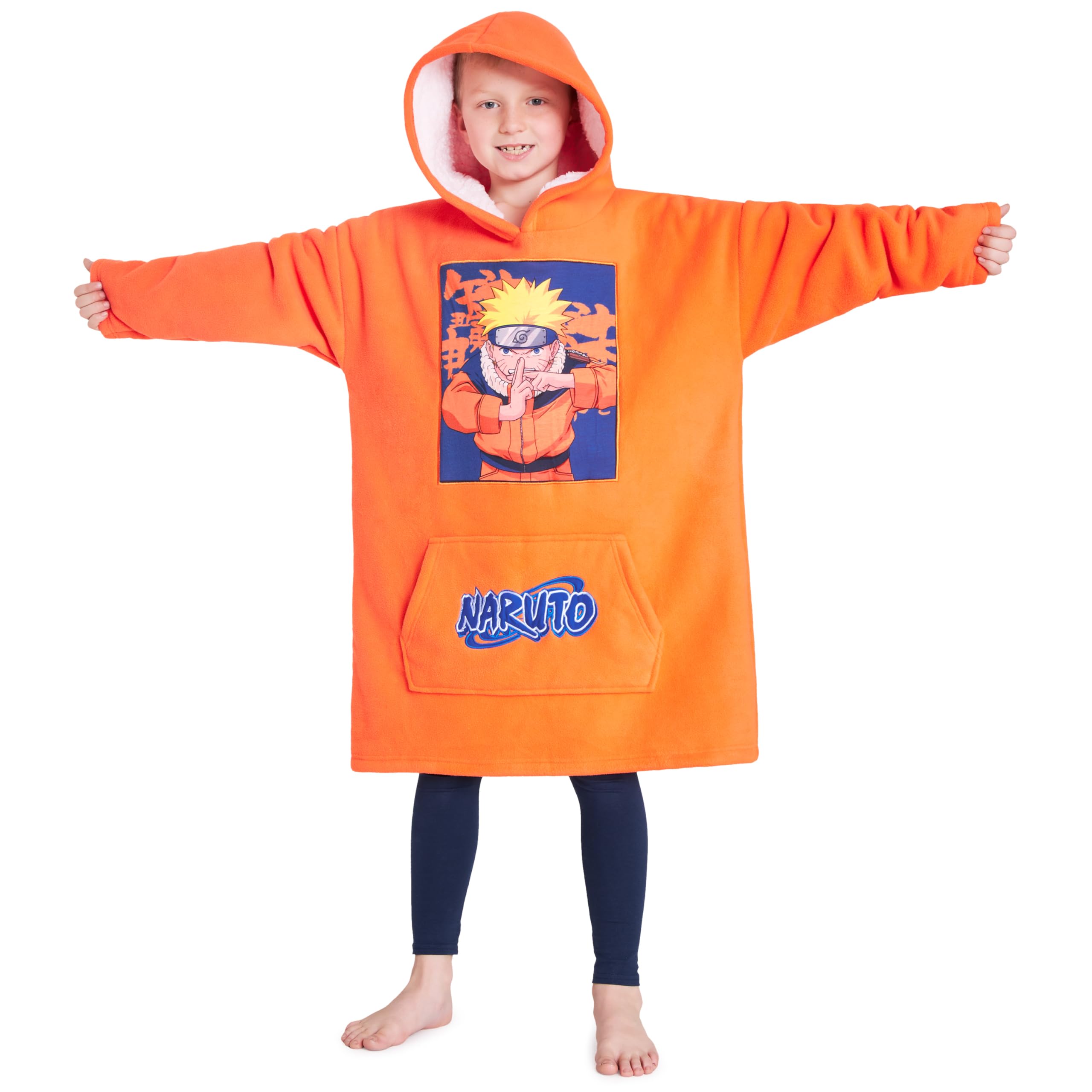 Naruto Fleece Hoodie Blanket for Boys and Teenagers - One Size Kids Oversized Hoodie with Sherpa Lining Gifts for Boys Orange