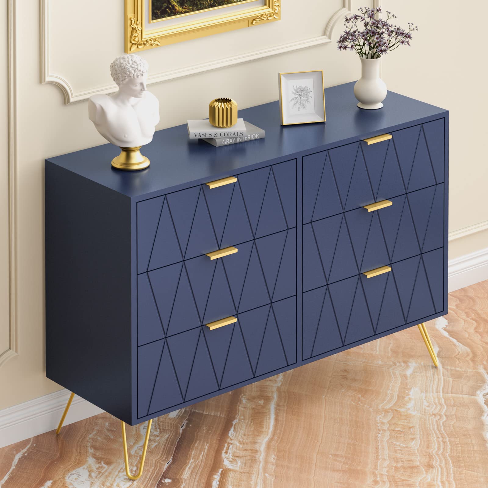 UEV 6 Drawer Dresser,Modern Dresser Chest with Wide Drawers and Metal Handles,Wood Storage Chest of Drawers for Bedroom,Living Room,Hallway,Entryway (Navy Blue)