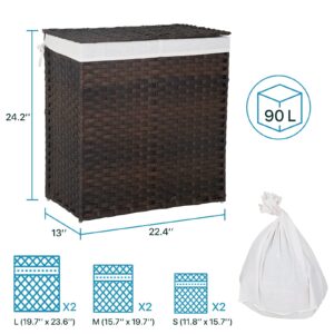 HKLGorg Laundry Hamper 90L Hamper for Laundry Clothes Hamper Laundry Basket with Lid Wicker Laundry Basket with 2 Removable Liner Bags 6 Laundry Bags Woven Laundry Basket for Bedroom Bathroom, Brown