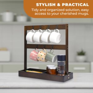 REGAL TRUNK & CO. Coffee Mug Holder for Countertop - 7-Cup Wooden Rack - Kitchen Organizer Stand for Mugs, Cups, Coffee Essentials - Stylish Display Shelf with Hooks - 17Hx17Lx6W