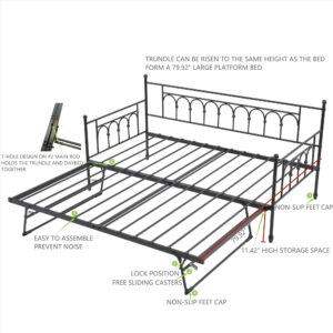 kuurfuurdo Twin Daybed with Trundle, Metal Daybed with Pop Up Trundle, Day Bed with Trundle Bed Twin, Steel Slat Support Sofa Bed for Kids Teens Adults Living Room, No Box Spring Needed