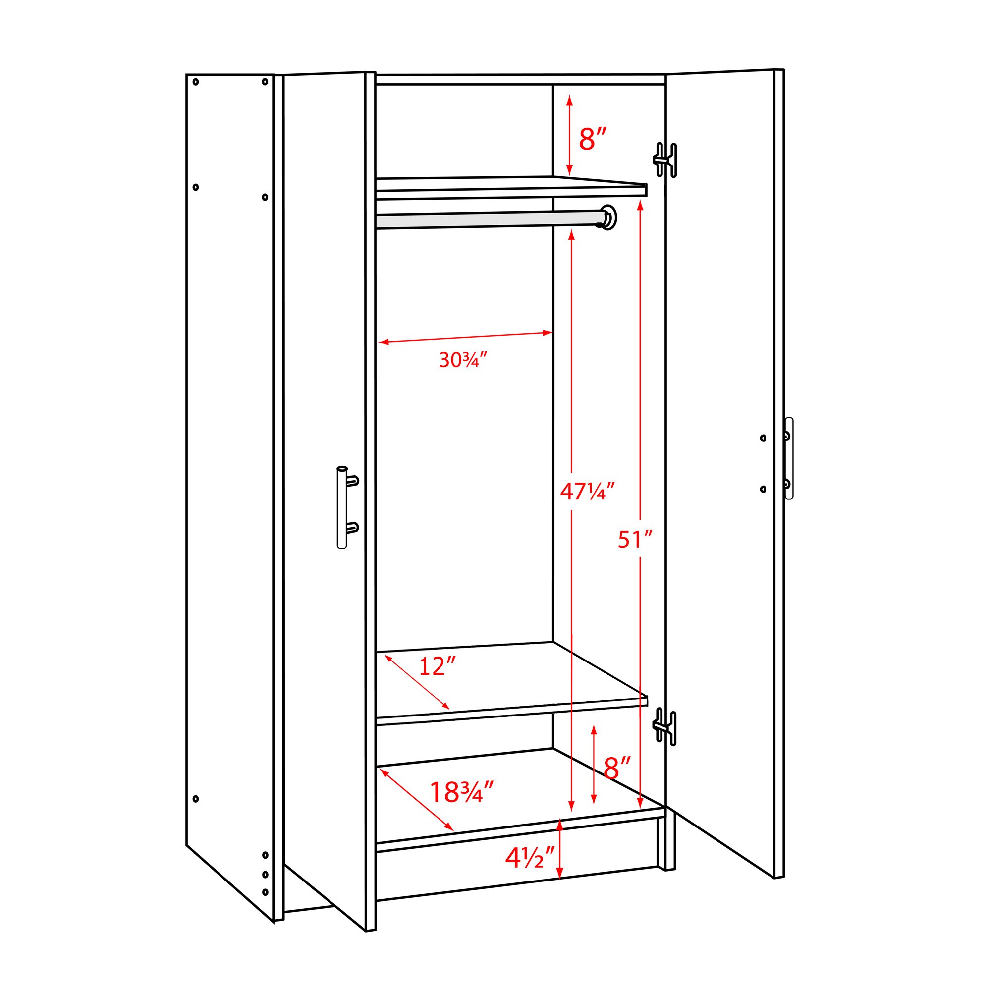 Prepac Elite 2 Door Wardrobe Cabinet, 32" W x 65" H x 20" D, White & Elite 2 Door Standing Storage Cabinet, 16" D x 32" W x 65" H, White