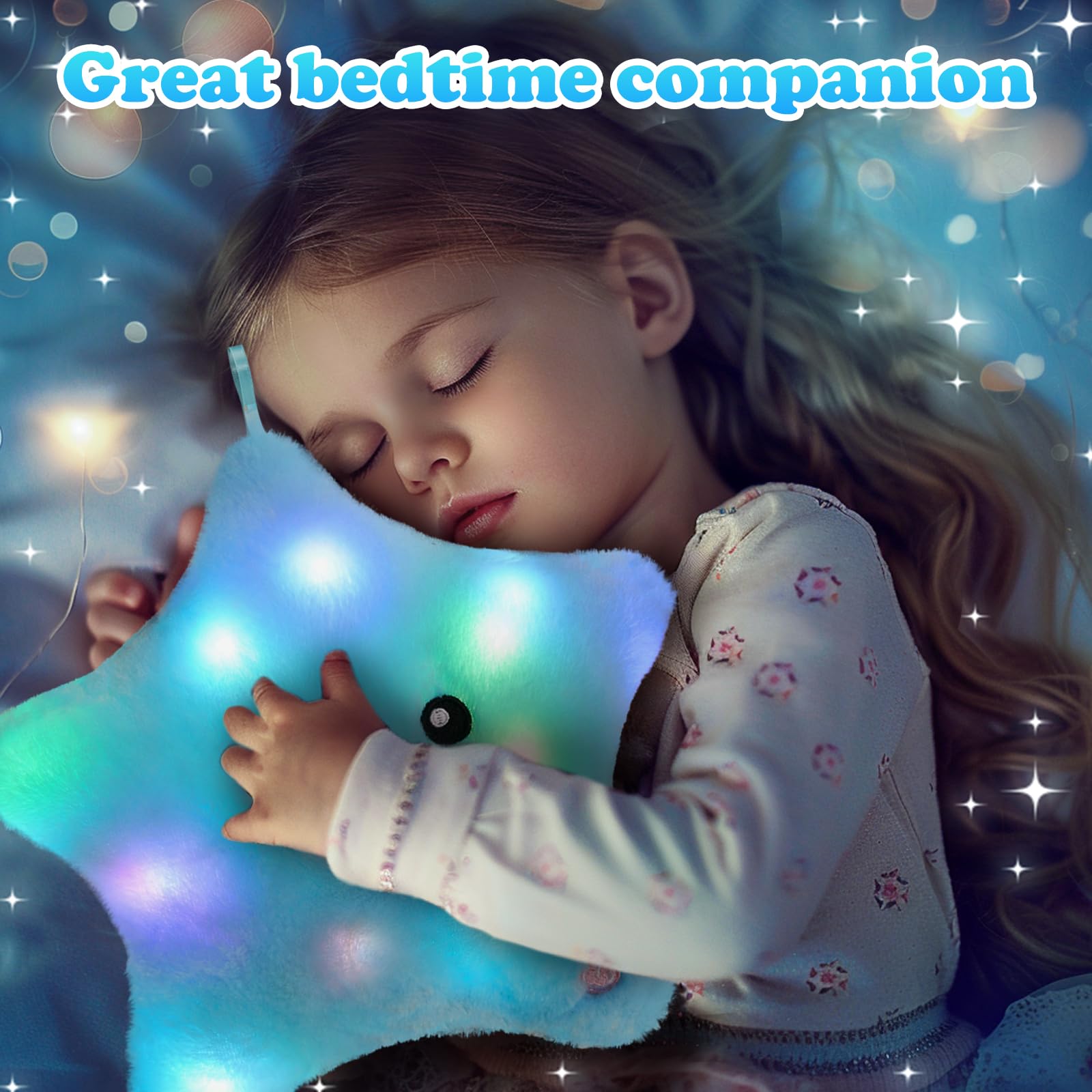 WEWILL 9'' LED Twinkle Star Soft Plush Pillow Toys Glowing Stuffed Star Light up Pillow Plush with Colorful Night Lights Birthday Valentines Day Gift for Toddler Kids(Blue)