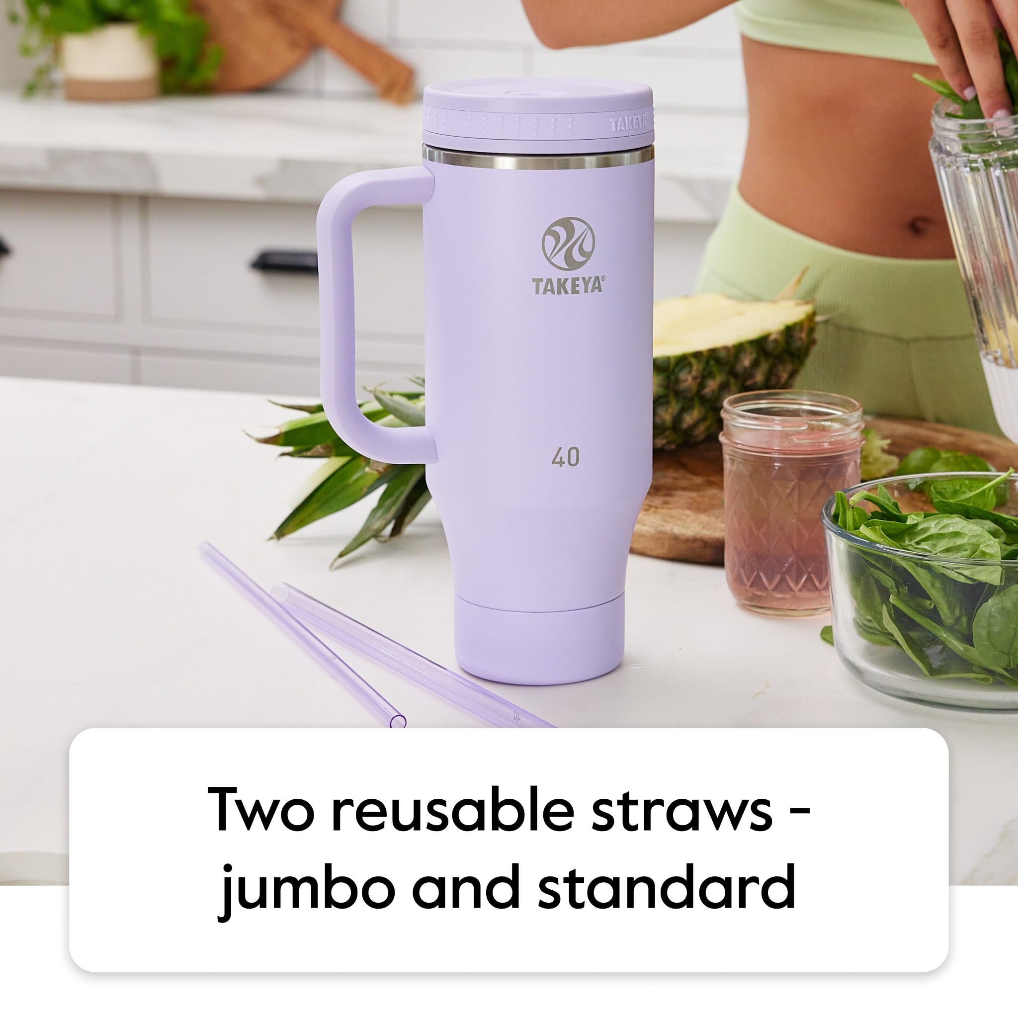 Takeya 40 oz Stainless Steel Tumbler with Lid and Two Straws, Premium Quality, Double Wall Insulated, Wiith Handle, Keep Drinks Cold for Up to 24 Hours, Matcha