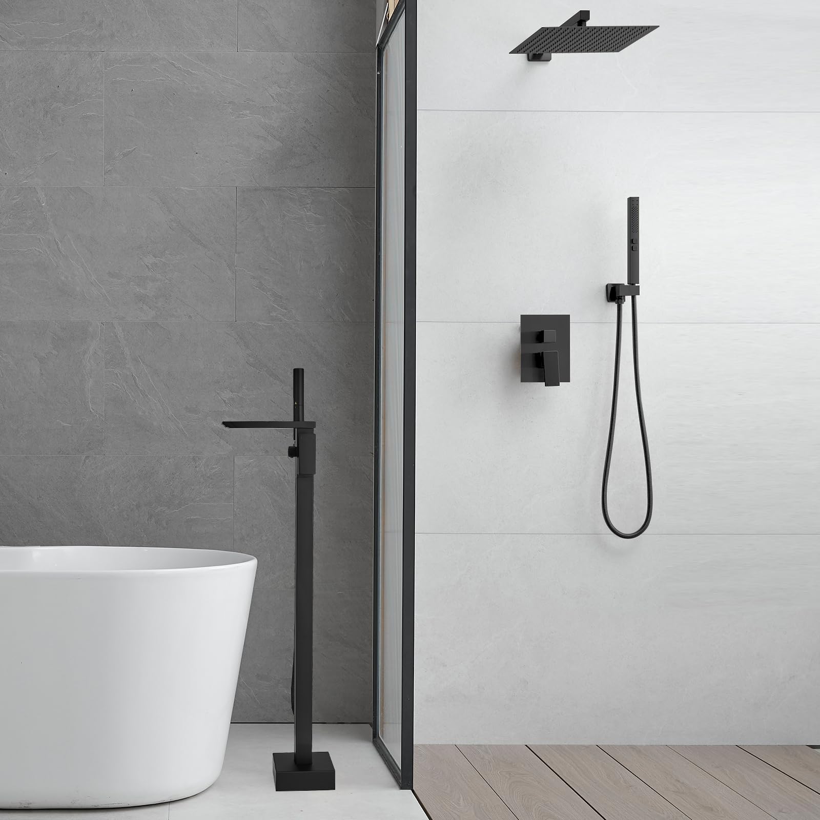 RUMOSE Matte Black Bathtub Filler Freestanding Tub Filler Floor Mount Tub Faucet Waterfall Free Standing Bathtub Faucet High Flow Brass Bath Shower Faucets with Handheld Sprayer