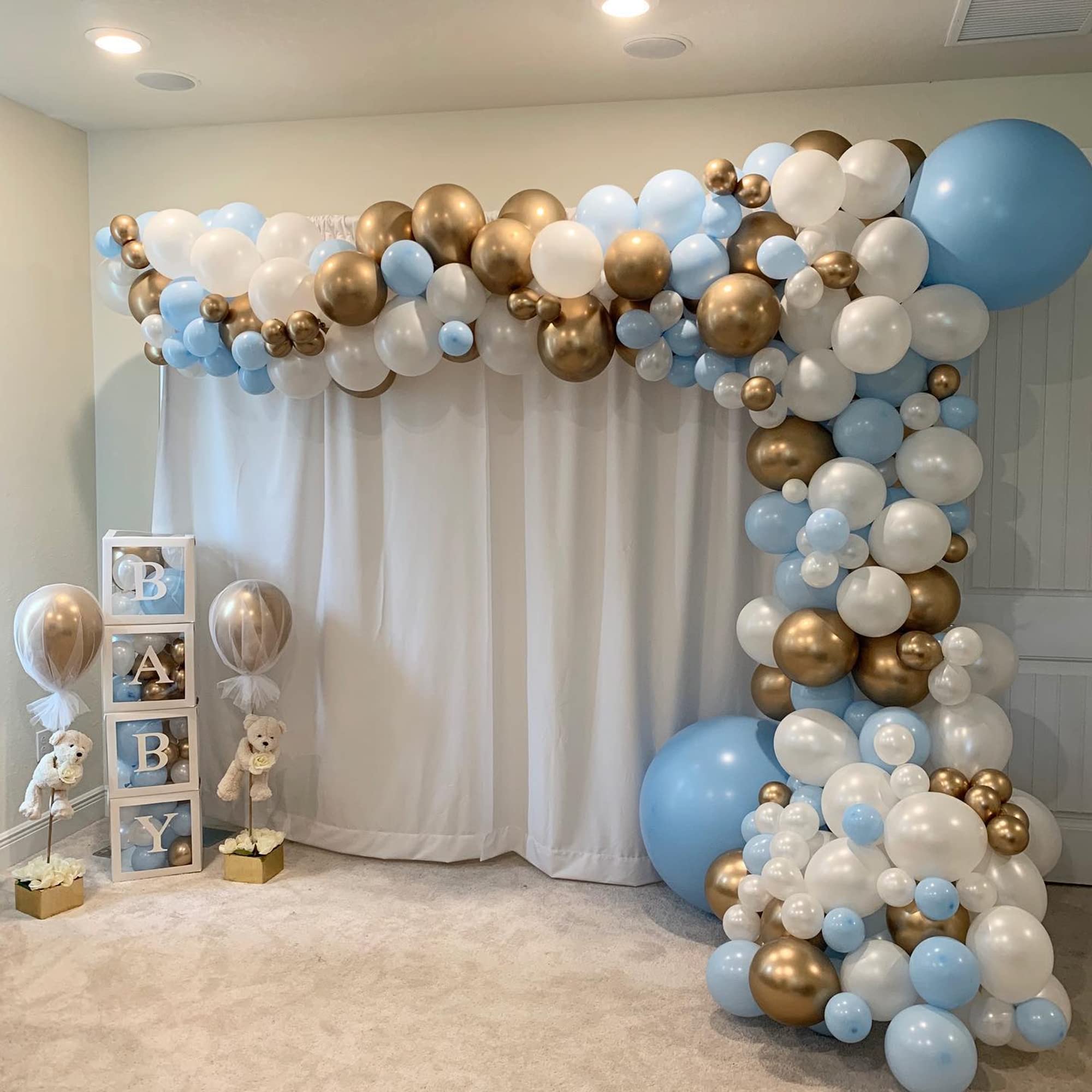 148Pcs Baby Blue Balloon Garland Arch Kit, with White Metallic Gold Balloons in Different Sizes for Boy Birthday Baby Shower Party Decoration