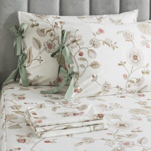 FADFAY 7 Piece 100% Cotton Beige Floral Bedding Set Queen Size Sheet Set +Duvet Cover, Soft Pink Flower Complete Bedding Bed in a Bag(1 Duvet Cover, 1 Fitted Sheet, 1 Flat Sheet + 4 Pillowcase)