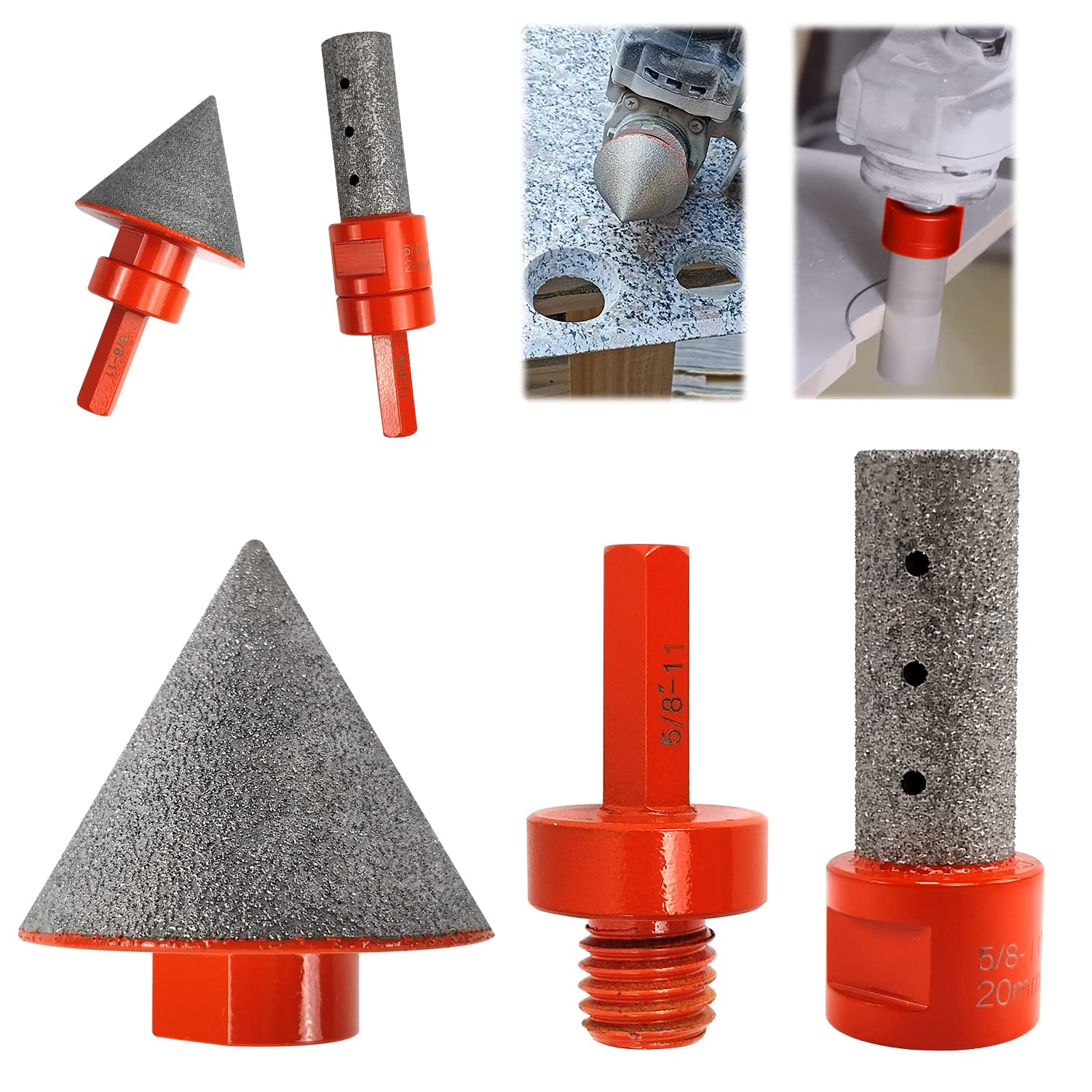 3PCS Diamond Beveling Chamfer Bits Set, Diamond Drill Bits for Ceramic with 5/8"-11 Drill Adapter, Tile Drill Cone Grinder Bit for Existing Holes Enlarging, Trimming, Orange