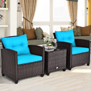 Toolsempire 3 Pieces Wicker Patio Furniture Set, Outdoor Sofa Set with Water-Resistant Cushion & Tempered Glass Table, Outdoor Conversation Set Bistro Set for Garden, Balcony, Poolside(Turquoise)