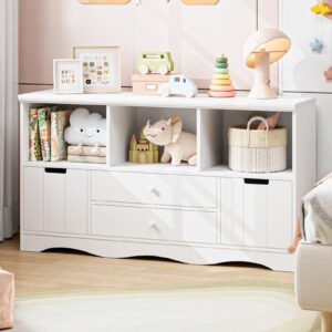 fotosok 51.2" large toy storage organizer with 2 drawers and 3 cubbies, toy organizers and storage for books or dolls, bookshelf and toy storage for playroom, storage cabinet for nursery, white