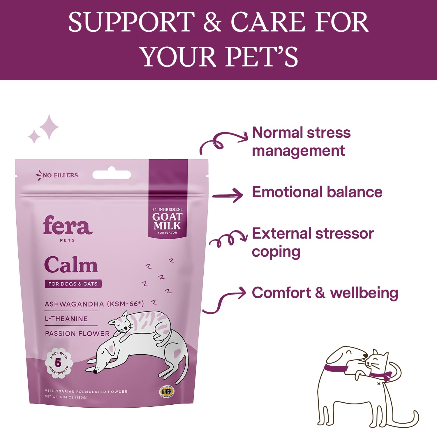 Fera Pet Organics Calming Goat Milk Cat & Dog – Vet Created - Pet Anxiety, Stress & Hyperactivity - Ashwagandha Supplement with GABA-60 Servings