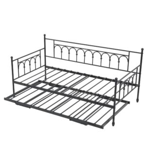 kuurfuurdo Twin Daybed with Trundle, Metal Daybed with Pop Up Trundle, Day Bed with Trundle Bed Twin, Steel Slat Support Sofa Bed for Kids Teens Adults Living Room, No Box Spring Needed