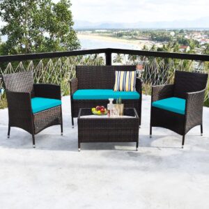 Toolsempire 4 Pieces Patio Sofa Set, Wicker Conversation Set with Ergonomic Curved Backrest, Rattan Furniture Set with Water-Resistant Cushion & Tempered Glass Table for Balcony, Porch (Turquoise)