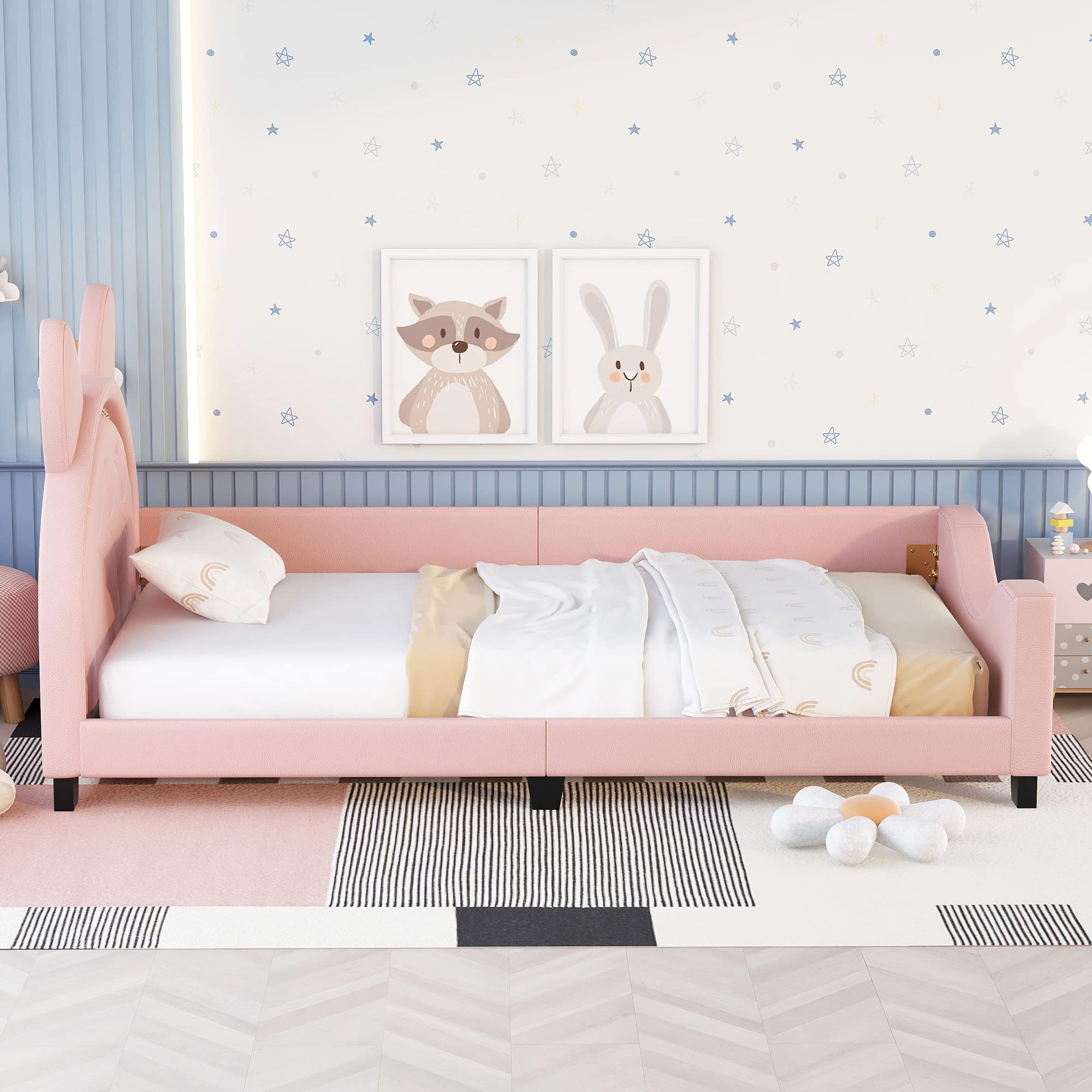 Pink Upholstered Twin Bed with Ears Shaped Bottom Tufted Headboard, Low Platform Bed Frame with Rails for Kids Girls Boys Teens, Faux Leather