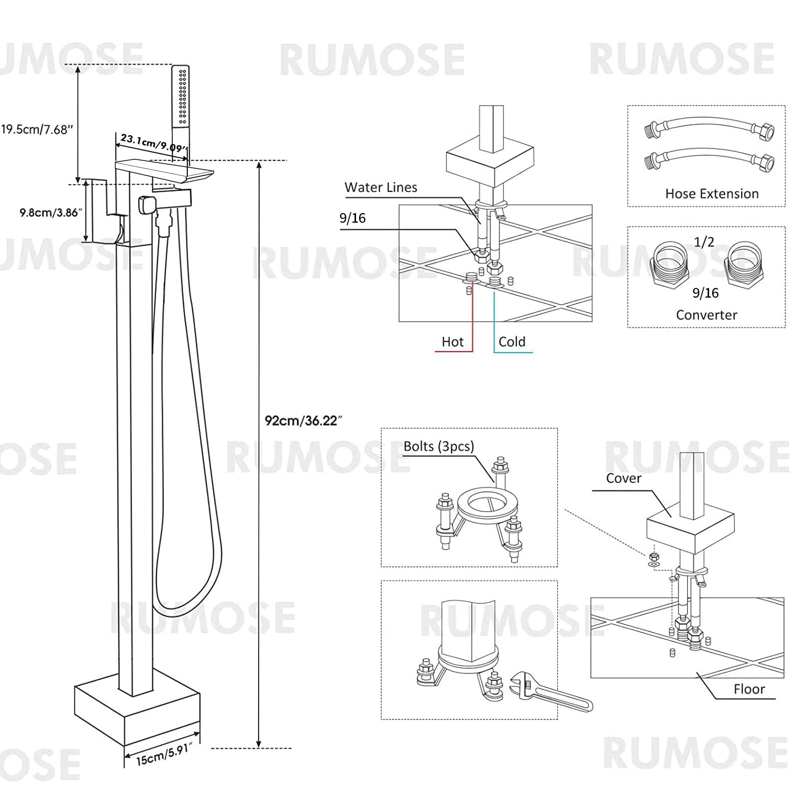 RUMOSE Matte Black Bathtub Filler Freestanding Tub Filler Floor Mount Tub Faucet Waterfall Free Standing Bathtub Faucet High Flow Brass Bath Shower Faucets with Handheld Sprayer