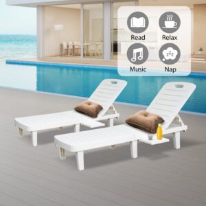 LUCKYERMORE Outdoor Chaise Lounge Set of 3, Patio Lounge Chairs for Outside, 74" Pool Lounge Chairs w/ 4 Level Adjustable Backrest, 350lbs Weight Capacity Plastic White Pool Furniture, Waterproof