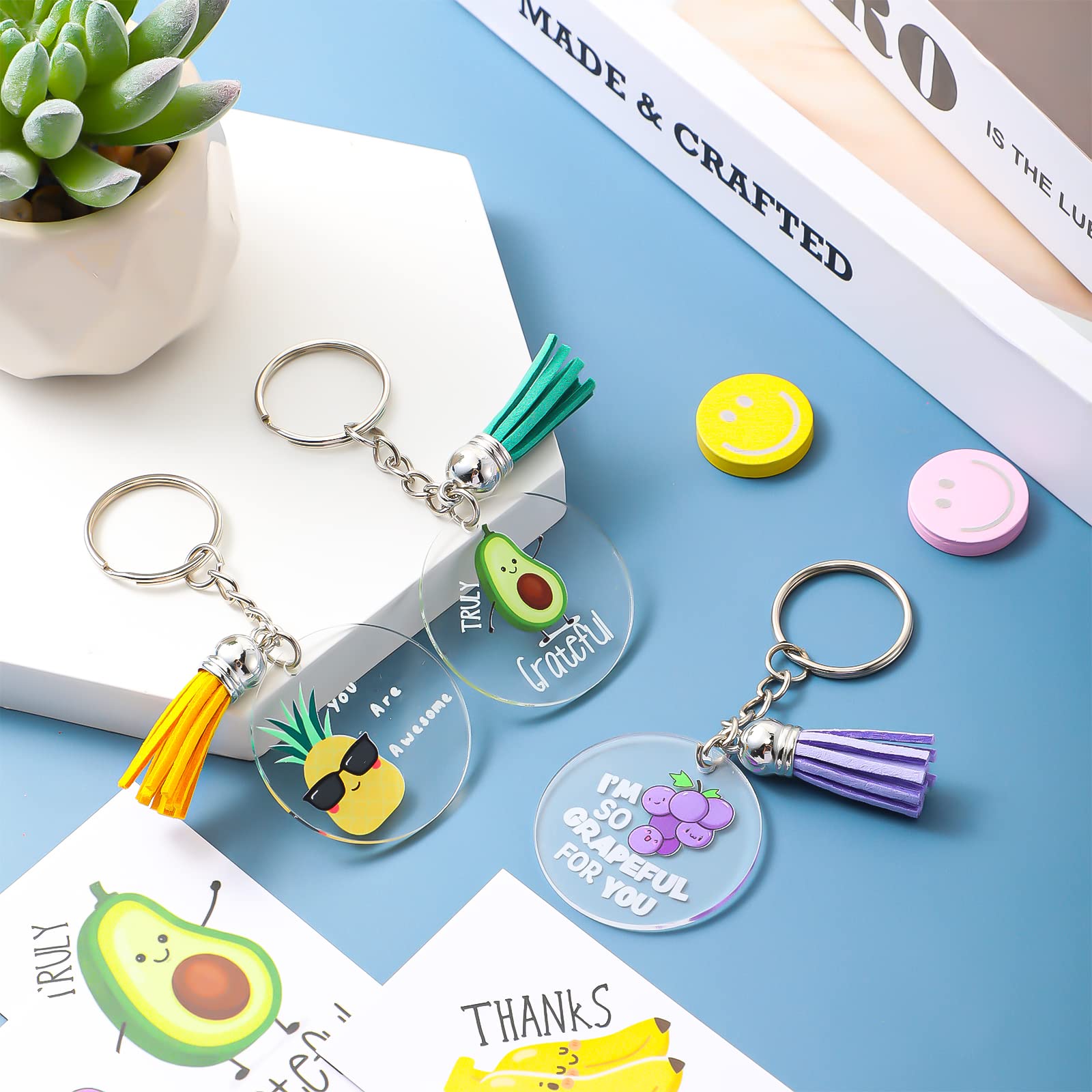 Batiyeer 36 Sets Funny Thank You Acrylic Keychains with Cute Fruit Pun Cards Employee Appreciation Gifts Greeting Note Key Rings Thank You Gifts for Team Teacher Student Staff