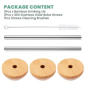 3 Pack Regular Mouth Bamboo Drinking Lid with Straw Hole and Straw Compatible with Mason Jar, Wood Drinking Lids for 70mm Regular Mouth Jar