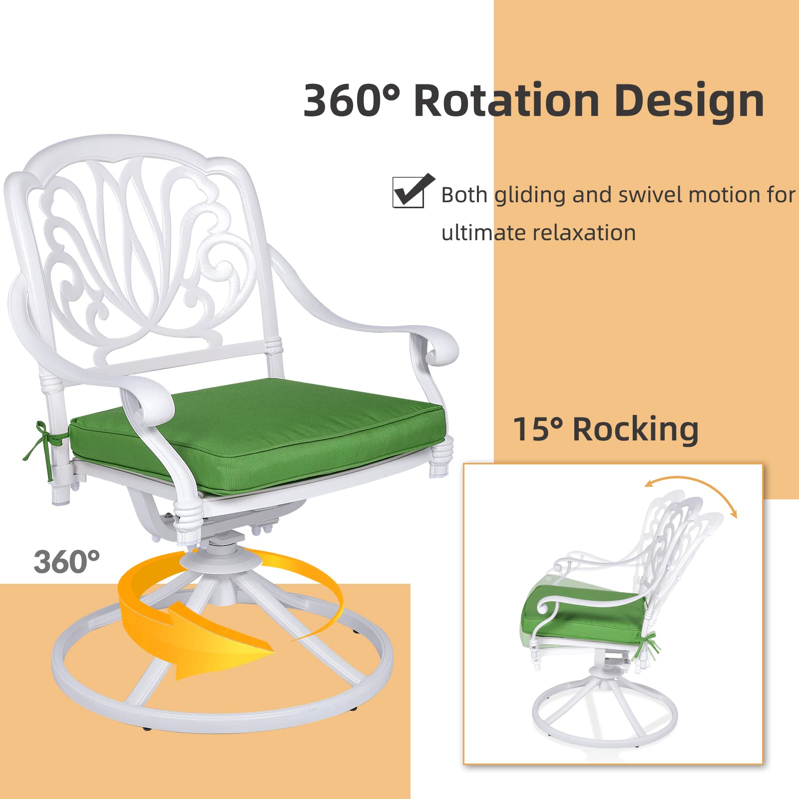 W WARMHOL Patio Dining Chairs Set of 2 Swivel Patio Chairs, Outdoor All-Weather Cast Aluminum Furniture Chairs Set with Cushion, Bistro Rocker Chairs for Deck, Lawn, Garden, Backyard, White