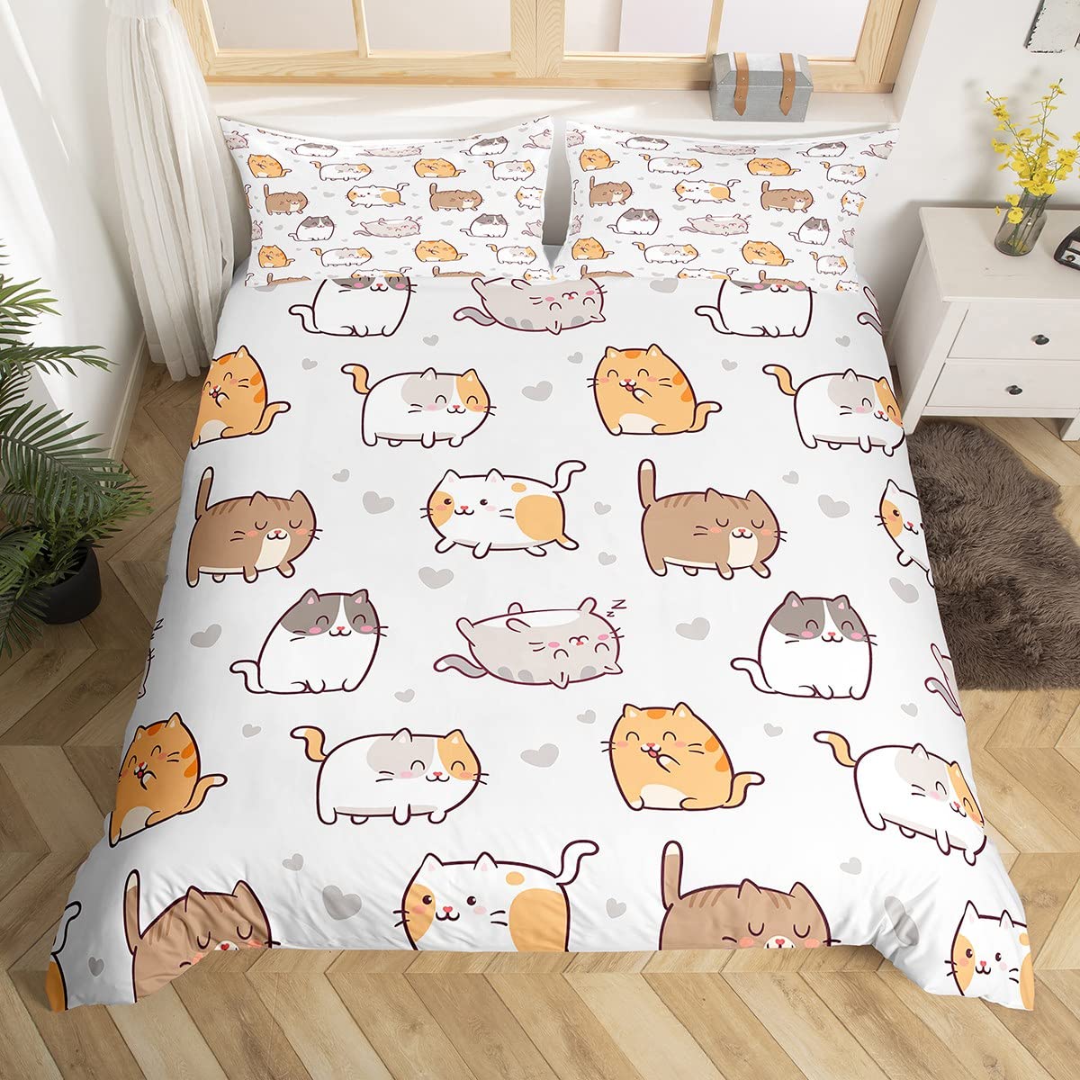 Erosebridal Cartoon Animal Bed Set Kawaii Cats Duvet Cover, Pet Kitten Bedding Set King, Cute Hearts Comforter Cover, Grey Gray Brown Orange Bed Cover Preppy Dorm Decor 3pcs