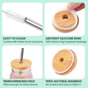 3 Pack Regular Mouth Bamboo Drinking Lid with Straw Hole and Straw Compatible with Mason Jar, Wood Drinking Lids for 70mm Regular Mouth Jar