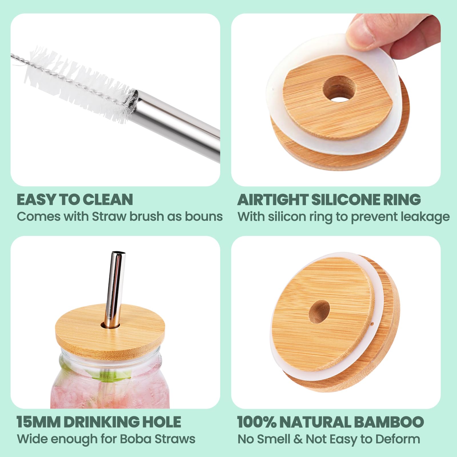 3 Pack Regular Mouth Bamboo Drinking Lid with Straw Hole and Straw Compatible with Mason Jar, Wood Drinking Lids for 70mm Regular Mouth Jar