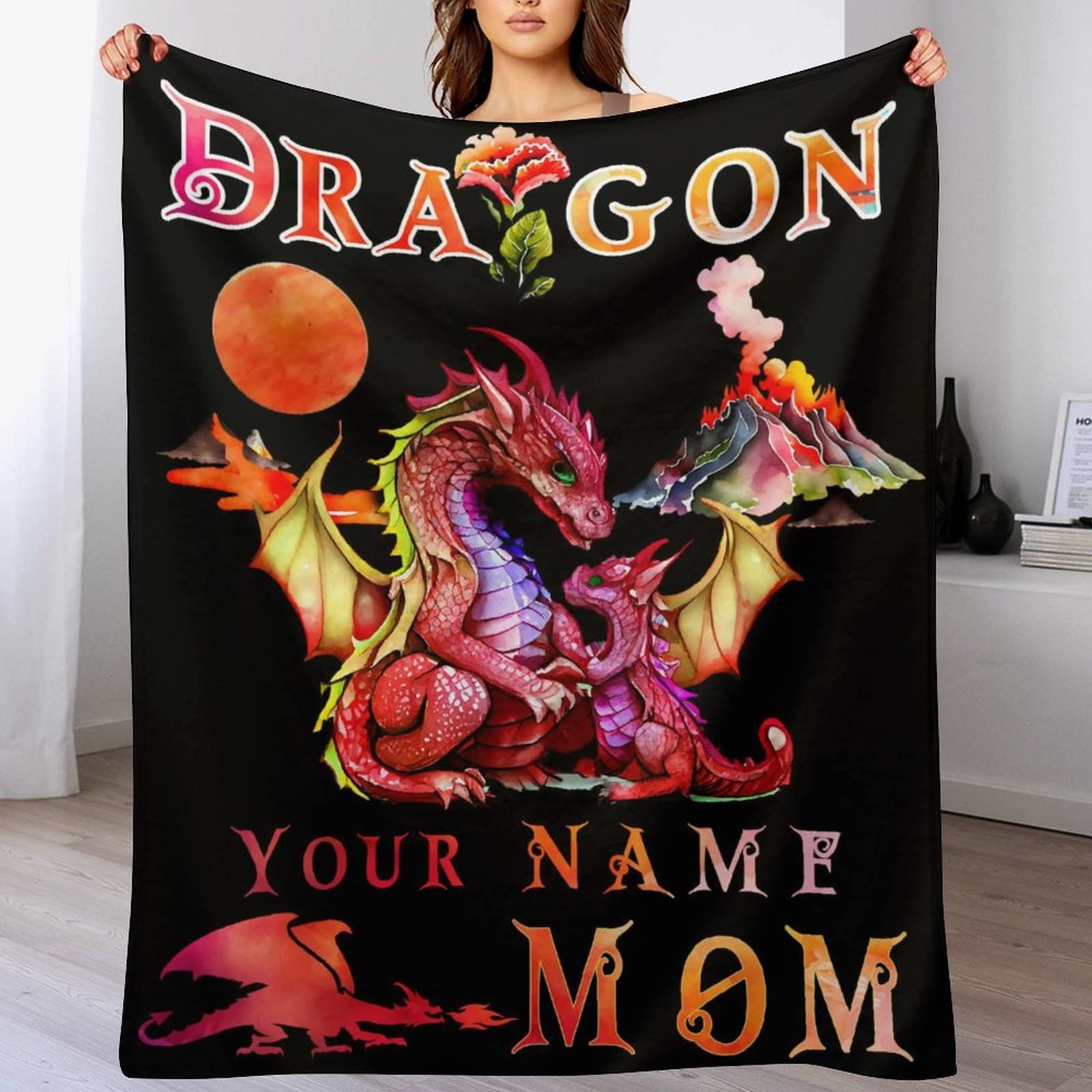 Personalized Dragon Throw Blanket with Name- Soft, Fuzzy & Warm- 60x80 Inches Lap Size Blanket for Couch, Office - Red Cute Throw Gift for Girls, Boys