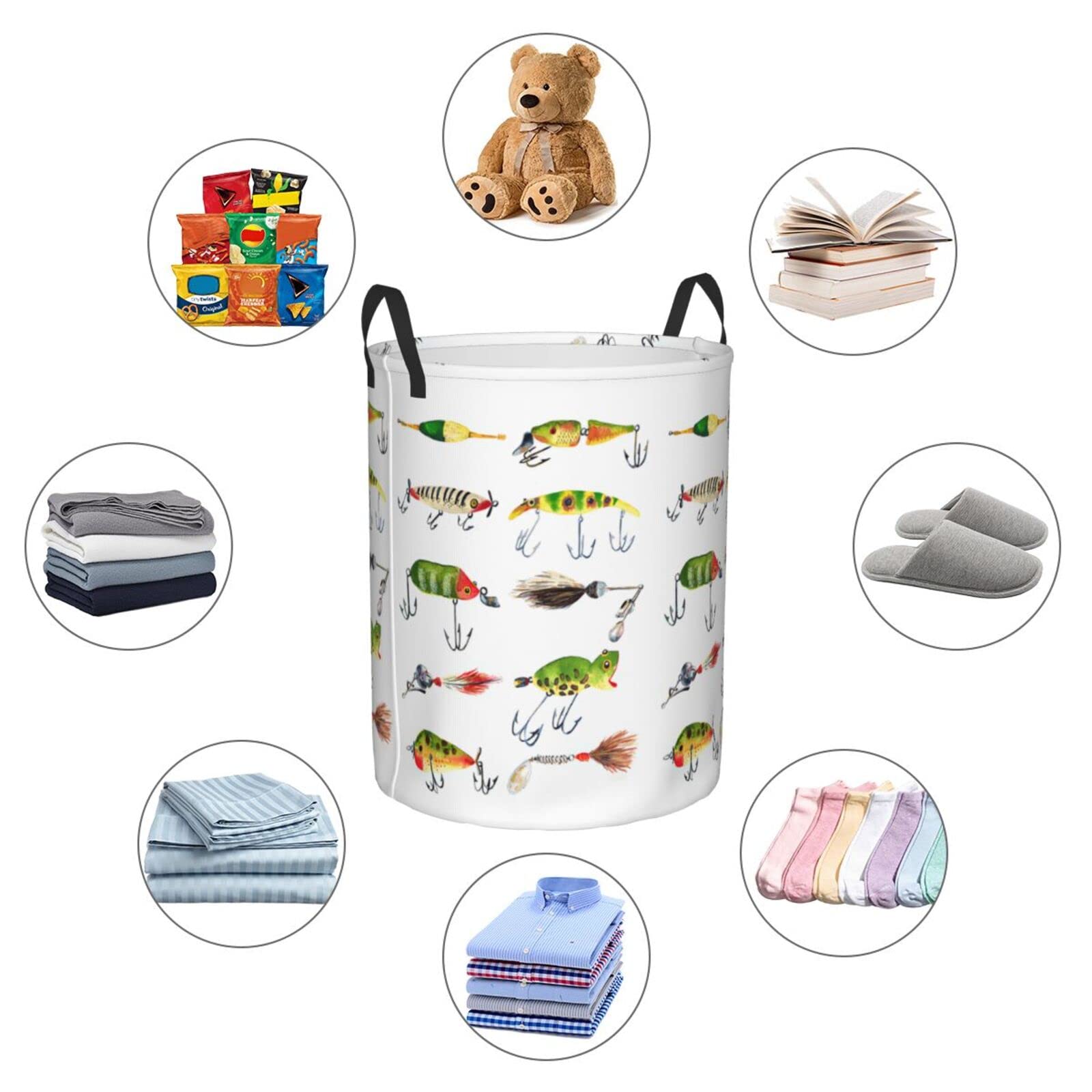 PUPSIKINS Laundry Basket Vintage Fishing Lures Laundry Hamper Collapsible Dirty Clothes Baskets Round Laundry Bag With Handles For Bathroom Bedroom College Dorms Home Laundry Room Kids Room