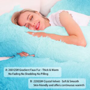 greenoak Duvet Cover Queen Size, Fluffy Luxury Plush Shaggy Duvet Cover Sets Velvet Bedding (1 Faux Fur Duvet Cover + 2 Pillowcases) Comforter Bed Sets 3 Pieces, Zipper Closure (Gradient Teal)