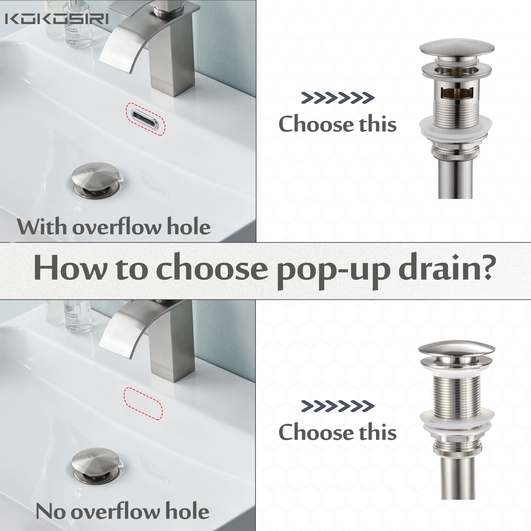 KOKOSIRI Pop Up Sink Drain with Strainer Basket, Brushed Nickel Bathroom Sink Drain with Detachable Hair Catcher Anti Clogging for Vanity Vessel Sink without Overflow, 2-Piece C1002BR-P2