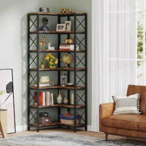 LITTLE TREE 7-Shelf Corner Bookshelf Modern Corner Bookcase Corner Shelf for Living Room Home Office, Rustic Brown