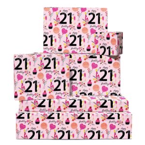 central 23 pink wrapping paper for women - 6 sheets of gift wrap - party - 21st wrapping paper for her - for friends or girlfriend - age 21 - comes with fun stickers