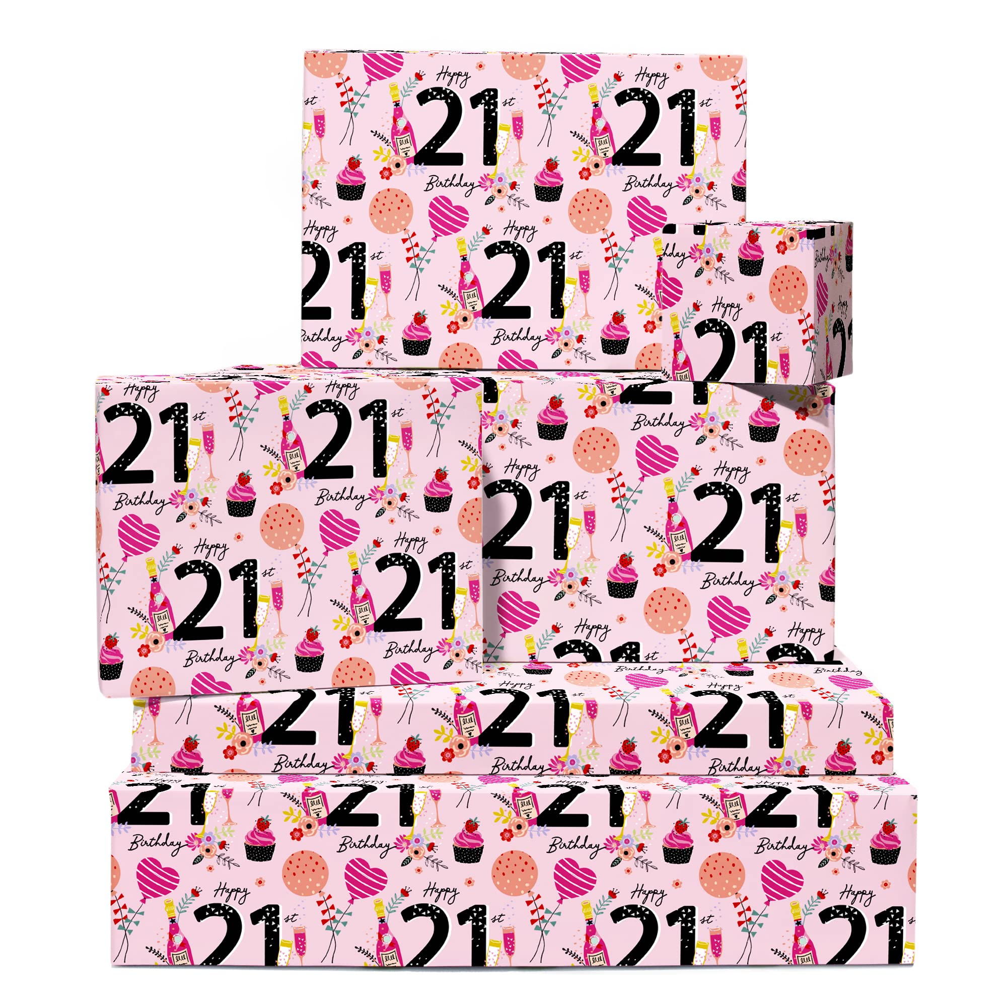 CENTRAL 23 Pink Wrapping Paper for Women - 6 Sheets of Gift Wrap - Party - 21st Wrapping Paper for Her - For Friends or Girlfriend - Age 21 - Comes with Fun Stickers