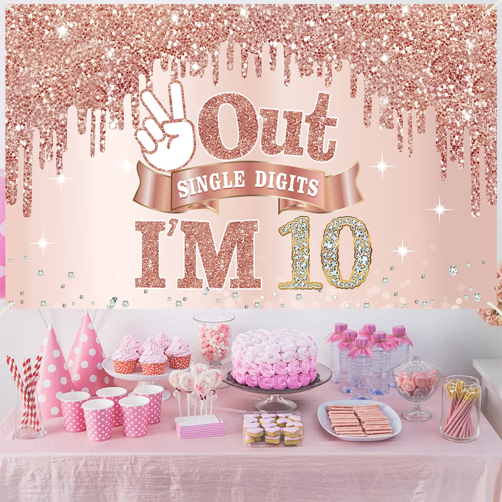 Large 10 Years Old Birthday Banner Decorations for Girls, Pink Rose Gold 10th Birthday Backdrop Party Supplies, Out Single Digits I'm 10 Bday Poster Background Sign Decor