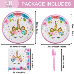 96 Pcs Birthday Party Plates Napkins Forks Supplies Tableware Set Disposable Table Horned Horse Theme Decoration for Girl Birthday Party or Baby Shower, Serves 24 Guests