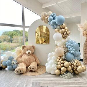 148Pcs Baby Blue Balloon Garland Arch Kit, with White Metallic Gold Balloons in Different Sizes for Boy Birthday Baby Shower Party Decoration