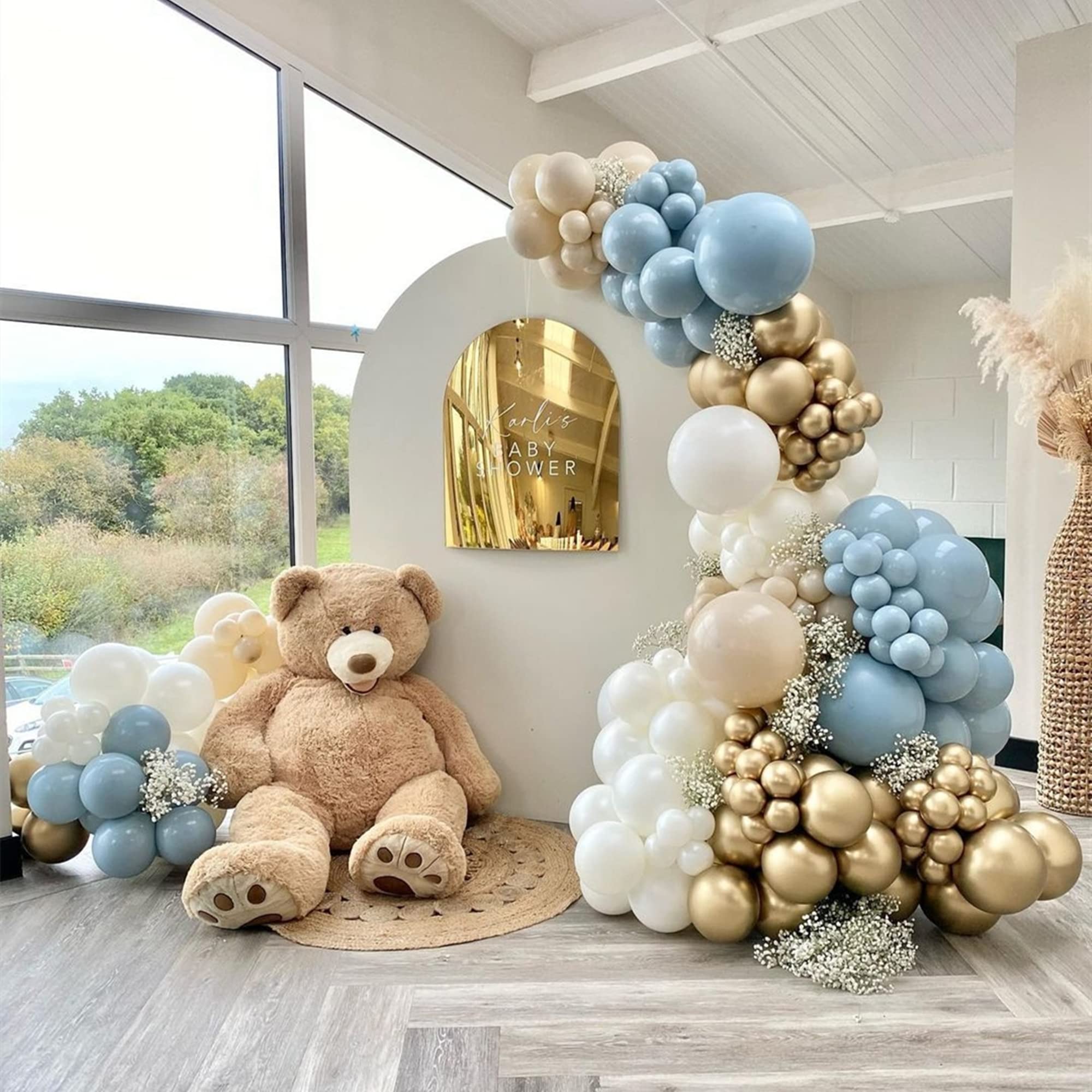 148Pcs Baby Blue Balloon Garland Arch Kit, with White Metallic Gold Balloons in Different Sizes for Boy Birthday Baby Shower Party Decoration