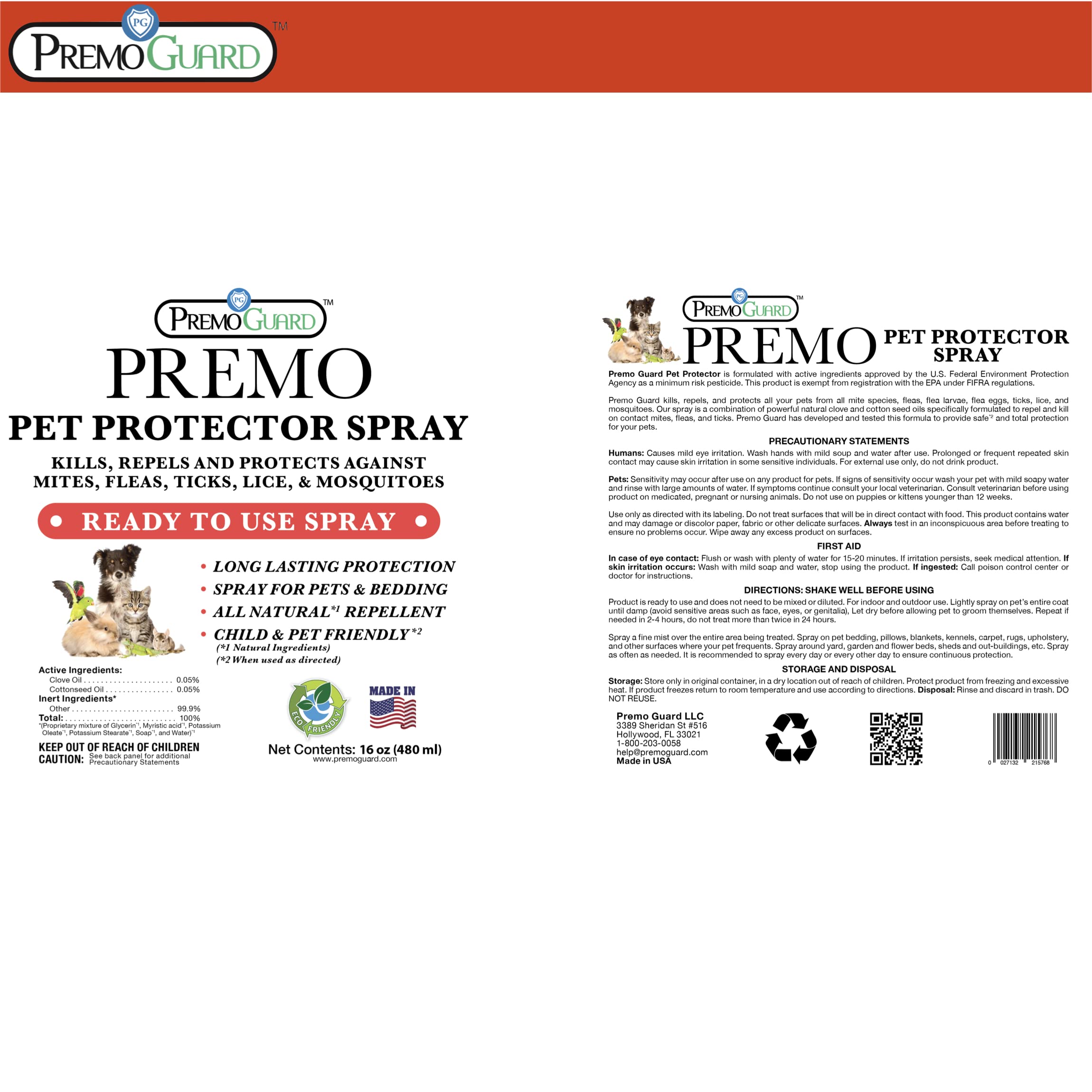 Pet Protector by Premo Guard 16 oz – Mite, Flea, Tick, & Mosquito Spray for Dogs, Cats, & Other Pets – Natural Plant Based Protection for Control, Prevention, & Treatment