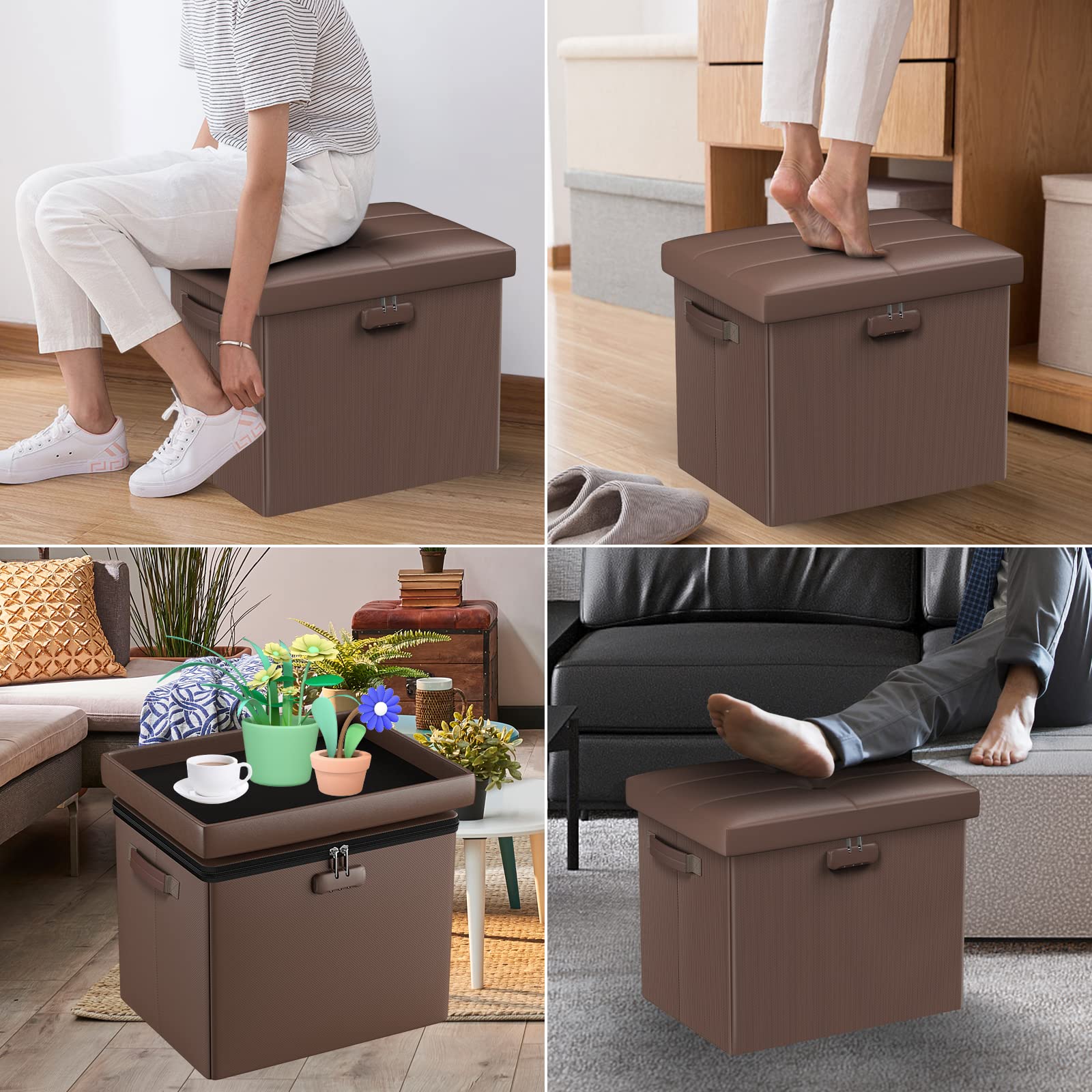 DocSafe Storage Ottoman with Lock,Fireproof Folding Ottoman Foot Rest Stool Storage Chest with Storage Safe for Important Documents,Waterproof 17 Inches Short Ottoman Foot Stool with Handles,Brown